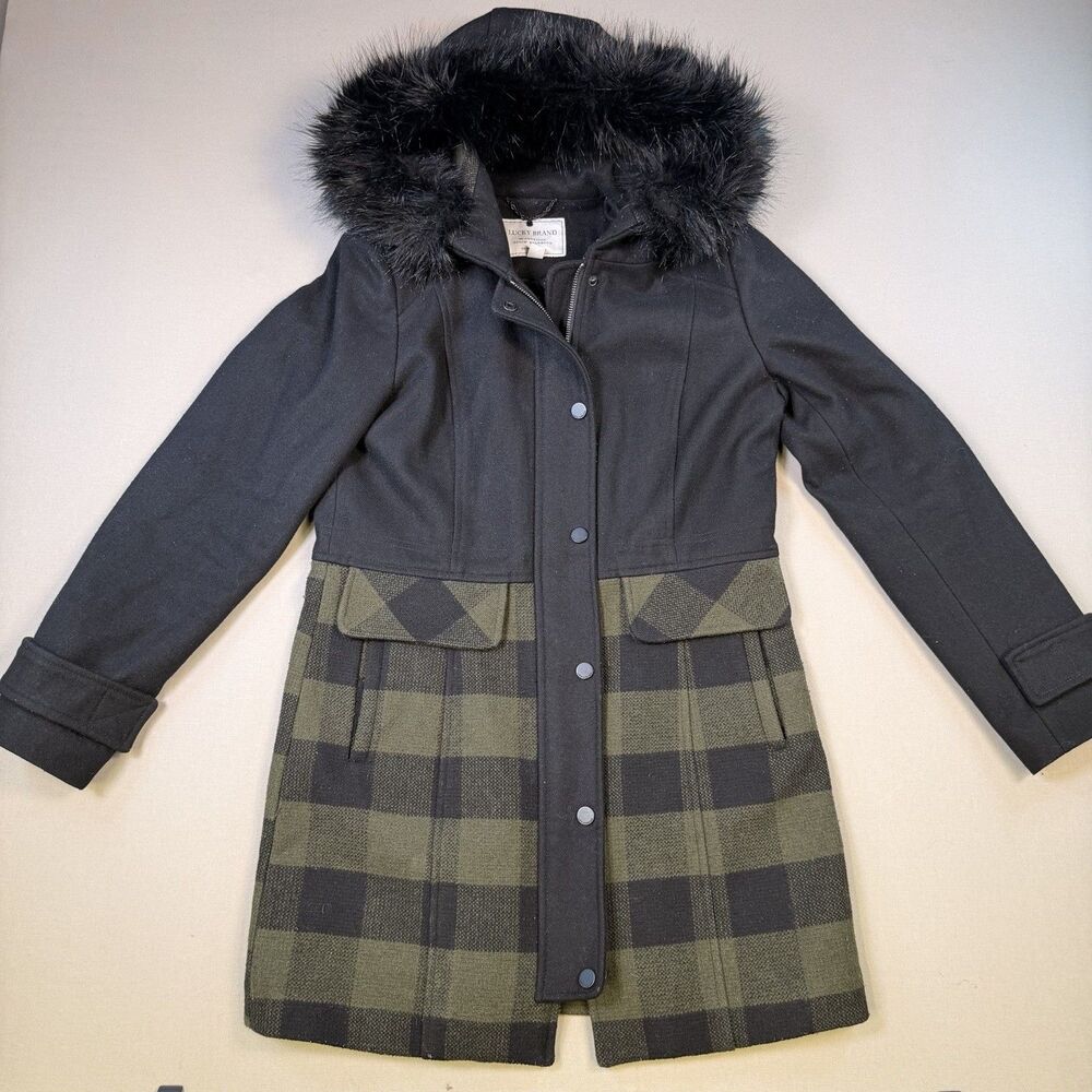 Lucky Brand Womens Small Heavy Winter Wool & Faux Fur Hood Coat Black Plaid